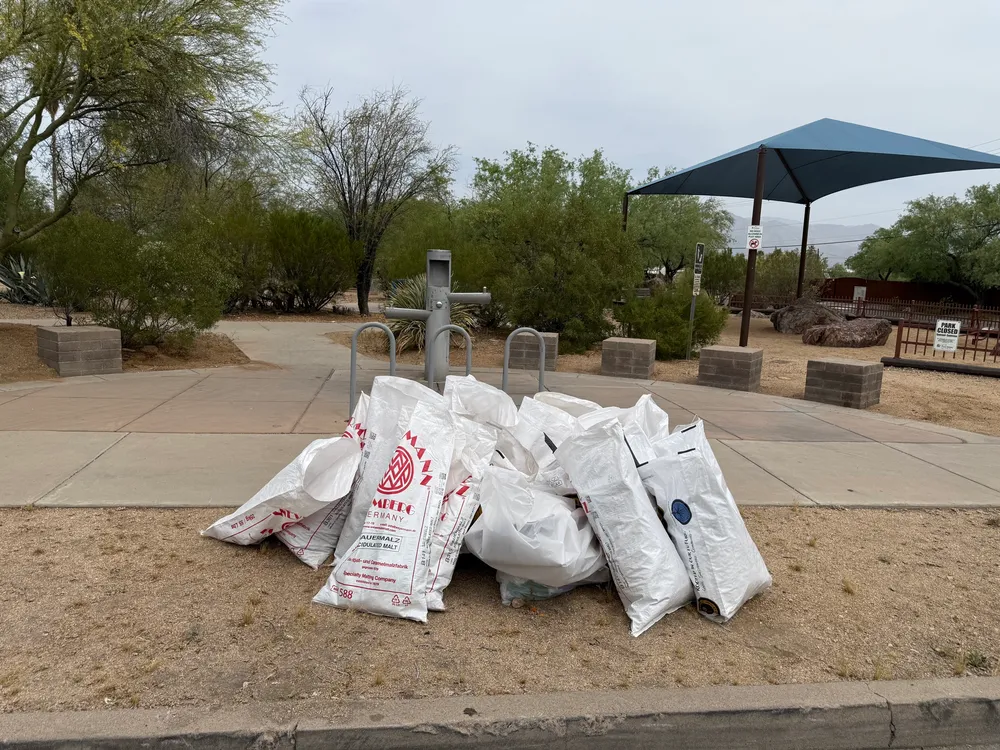 A pile of full trash bags at the Pocket Park curb after the cleanup